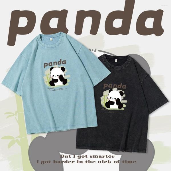 Camisetas masculinas Fygon Joint Panda T-shirt Algodão puro Roupas femininas Estampado estampado Lavado Estilo retrô Top gola redonda