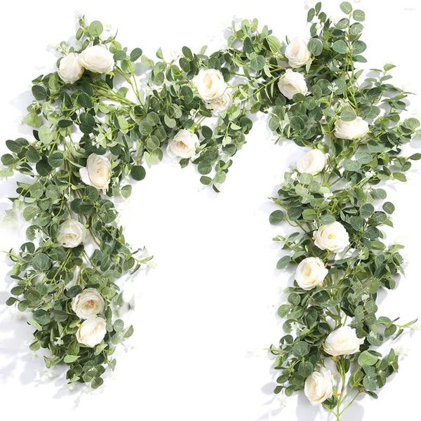 Dekoratif Çiçekler Yapay Okaliptüs Çelenk ile Gül Çiçek Wisteria Asılı Rattan Sıra Yeşil Bitkiler Asma Ev Dekoru Düğün Sahne