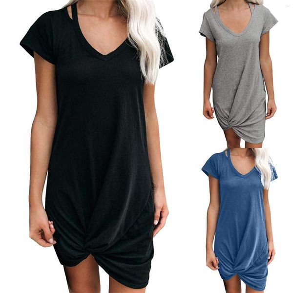 Lässige Kleider im Midi-Kleid für Damen, kurzärmeliges T-Shirt, Twist-Front-Knoten, Tunika, Schlitz, Frauen, sexy