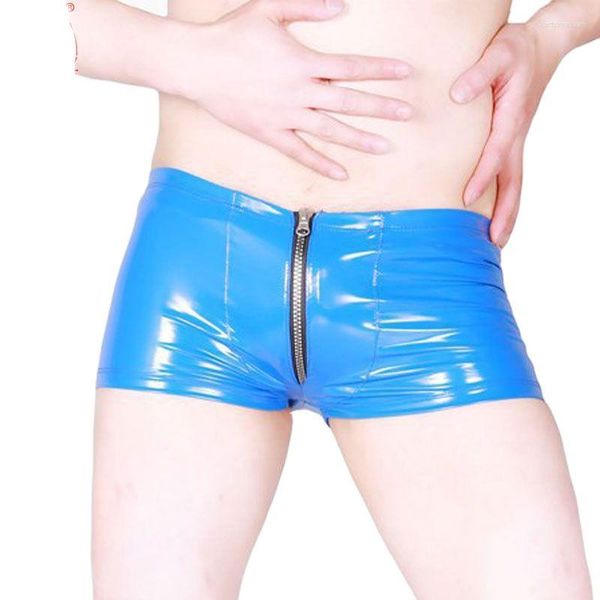 Pantaloncini da uomo U Convex Pouch Sexy Plus Size Boxer PVC Shiny Zipper Open Faux Leather Underwear Boxer Cool Male Gay Wear