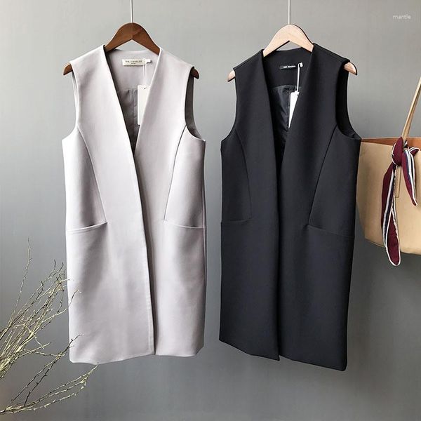 Damenwesten 2023 Frühling Herbst Frauen Grau Lange Tank Casual Lose Ärmellose Blazer Weste Mantel Weibliche Dünne Schwarze Anzug Weste Jacke