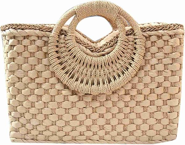 QZUnique bolsa de palha tecida à mão feminina verão bolsa de praia bolsa retrô de vime bolsa de viagem bolsa de viagem com alça redonda de madeira HKD230807