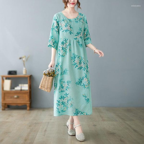 Vestidos Plus Size Algodão Linho Vestido de Verão Mulher Praia Férias Viagens Boêmia Maternidade Moda Floral Longo Mar 2023