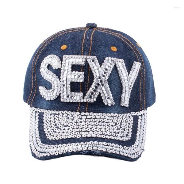 Berretto da baseball in denim scuro borchiato da donna con berretti da baseball Bling con lettera di strass sexy