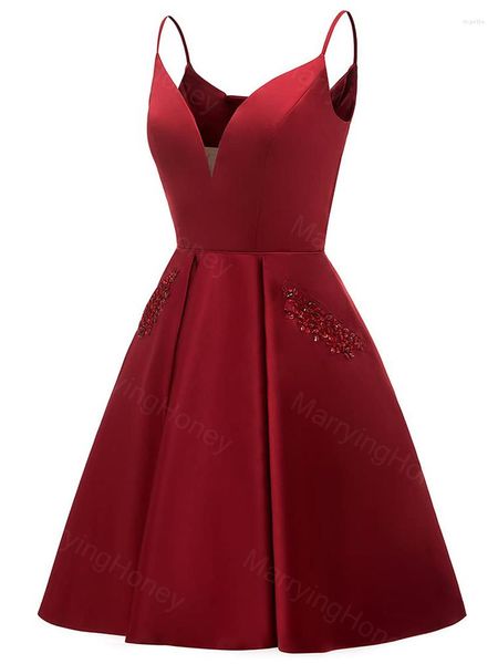 Vestidos de festa de cetim curto vestido de boas-vindas com bolsos alças finas decote em v baile de formatura para mulheres vestidos de coquetel formais com miçangas