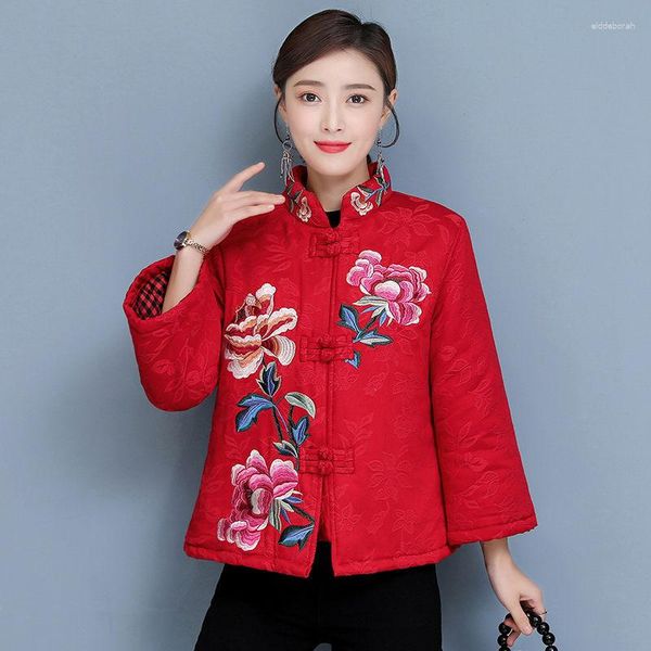Kadın ceketleri Çin pamuklu yastıklı ceket etnik tarzı kadınlar kış kısa kırmızı tang ceket rahat stant yakalı kapitone parkas dış giyim