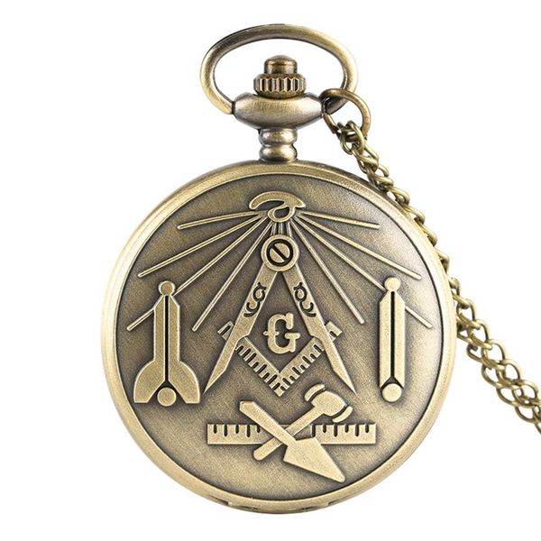 Orologi in muratura massonica in bronzo Quadrato cromato e bussola Mason Orologio da taschino analogico retrò al quarzo Collana con pendente a catena Regali f2713