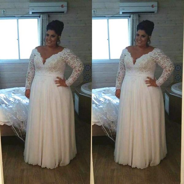 Vestidos de Noiva Plus Size Top de Renda Manga Longa Decote em V Profundo Comprimento Até o Chão 2021 Novos Vestidos de Noiva Elegantes Tamanho Personalizado249S