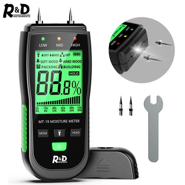 Feuchtigkeitsmessgeräte R D MT19 Holzfeuchtemessgerät Digitale Feuchtigkeitsmessgeräte Wandhygrometer Holzfeuchtigkeitsdetektor Gebäudefeuchtigkeitstester Karton 230804