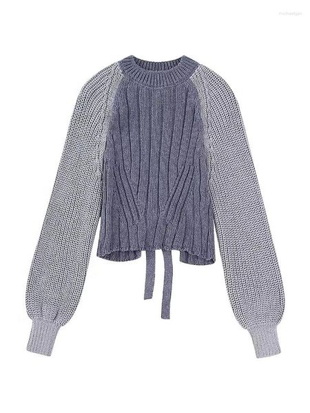 Maglioni da donna Maglione a maniche lunghe con scollo tondo primaverile con design aperto sul retro Pullover lavorato a maglia Top corto in colore a contrasto