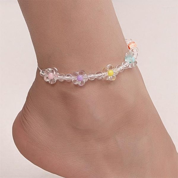 Fußkettchen Transprant Blumenanhänger für Frauen Kreative Sommermode Urlaub Schmuck Verstellbare Schnürung Perlen Beinarmband