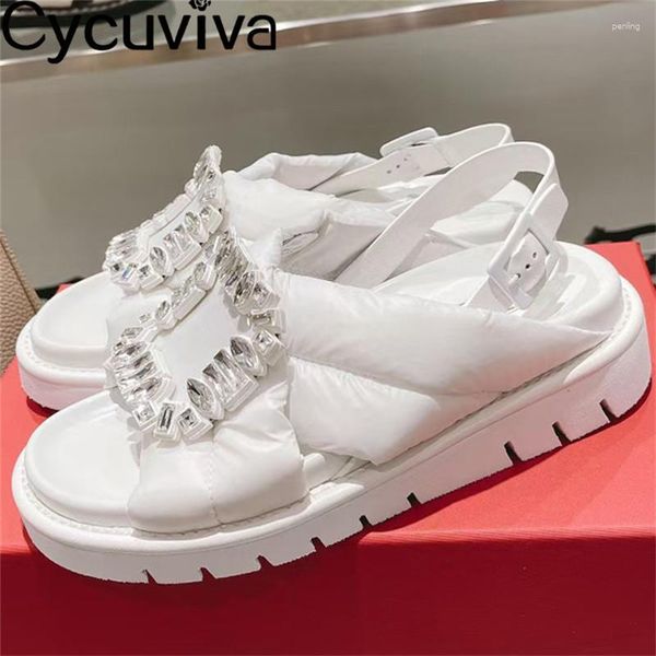 Sandali Crystal Flat Women 2023 Peep Toe Cloth Casual Summer Shoes Runway Sexy Strass Buckle Party Dress For