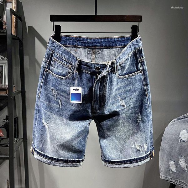 Мужские джинсы 2023 весна лето прямая джинсовая джинсовая шорты разорванные стройные личности с пятиточечными средними брюками Tide Brand Fashion 48 46