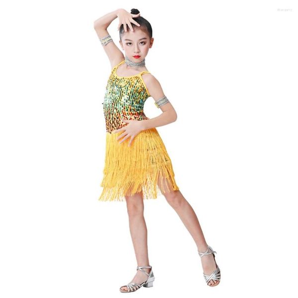 Стадия ношения девочек с блестками кисточки для кисточки латинский бальный танцевальный платье модная длина колена.