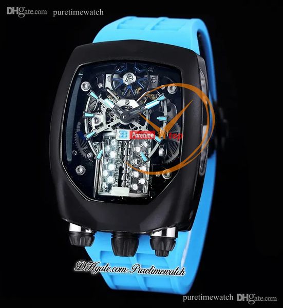 Bugatti Chiron Tourbillon Autoamtic Herrenuhr PVD-Stahlgehäuse, schwarzes Skelett-Zifferblatt, blaues Gummi, Superversion Herrenuhr Reloj Hombre Uhren BU200.21.AE.AB Puretime B2