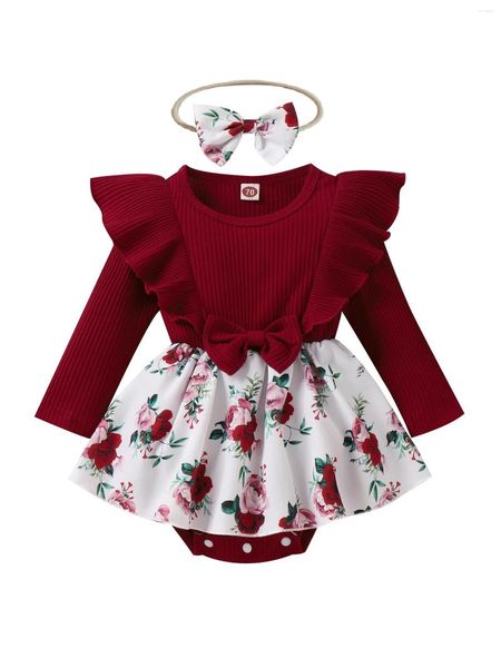 Conjuntos de roupas Conjunto de vestido floral floral para bebê com macacão sem mangas e babados - Roupa adorável de quebra de bolo para ocasiões elegantes