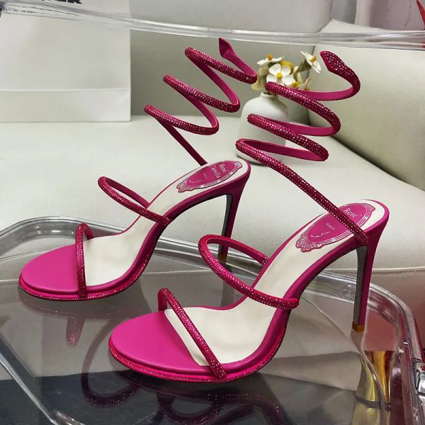 Dar Sandalet En Kalite Rene Caovilla Rhinestone Kristal Serpantin Sargı Ayakkabıları Stiletto Topuk Kadınlar Roma Sandal 35-43 Kutu