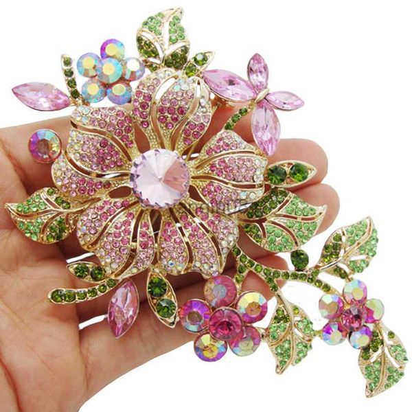 Pimler Broşlar Büyük Yeni Zarif Pembe Kristal Broş Rhinestone Pin Romantik Düğün Gelin Gelin Nedime Kadın Mücevherleri için Büyük Broşlar HKD230807