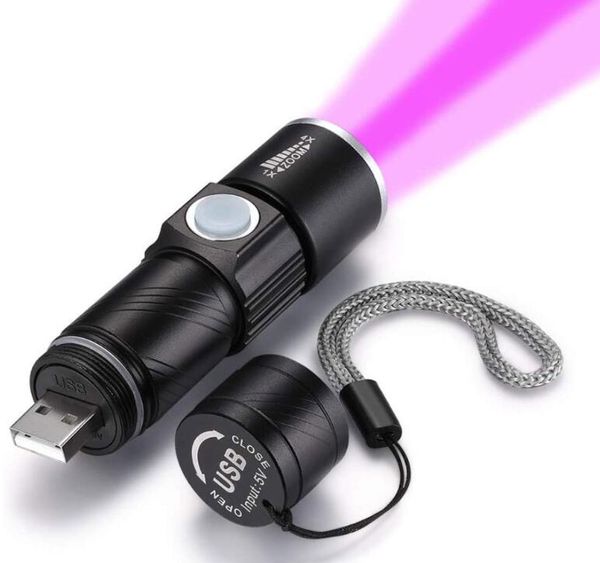 Potente torcia UV ricaricabile USB 395NM Luci viola Lampada portachiavi Mini ultravioletta Luce nera per rivelatore scorpione identificazione torcia uv