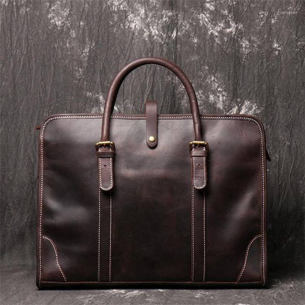 Cartelle da lavoro Highend Vintage Marrone Genuine Crazy Horse Leather Executive Uomo Cartella Borsa Messenger Bag 14 '' Laptop Portfolio M1073