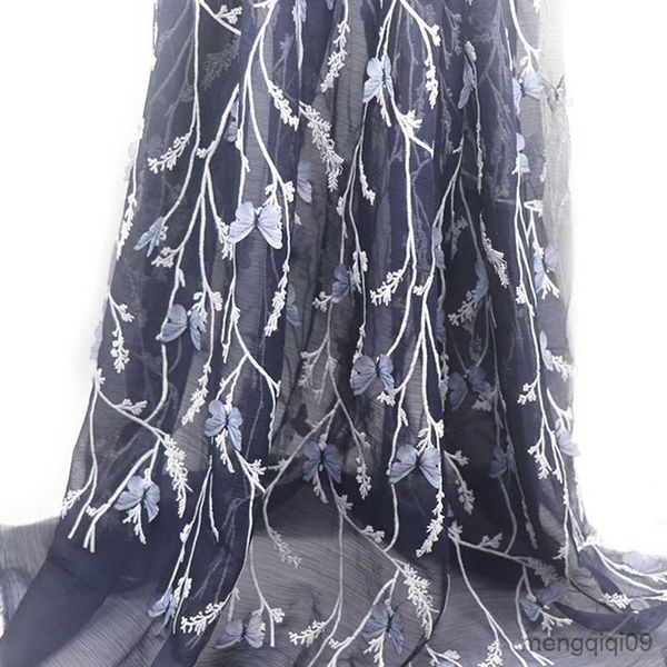 Prodotti cinesi 45 * 130 cm Ricamo Navy Organza Farfalla Fiori Tessuto da sposa Tessuti di pizzo per abiti Fai da te Forniture per cucire Artigianato R230807