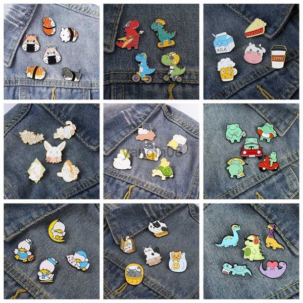 Alfinetes broches 4-5 pçs/conjunto broche de animal dos desenhos animados lindo sapo pato dinossauro alpaca alfinete esmalte morcego distintivo interessante série de presentes infantis jóias hkd230807