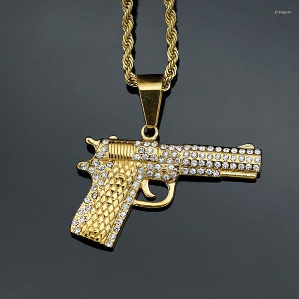 Colares com Pingente Hip Hop Bling Iced Out Titânio Aço Pistola Automática Pingentes Para Homens Rapper Jóias Cor Dourada Gota