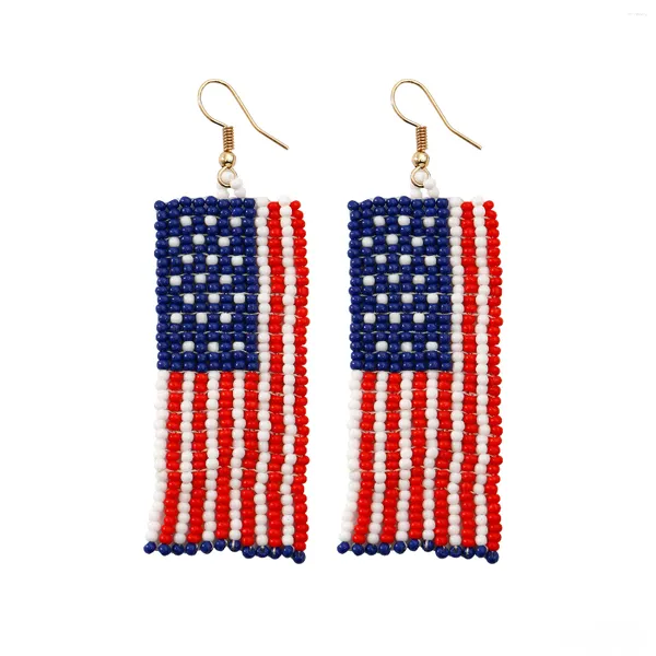 Brincos de argola borla boêmia bandeira americana tecida à mão miçangas Dia da Independência