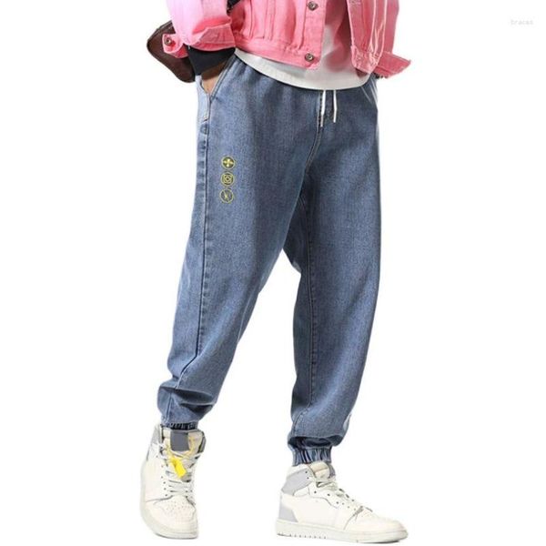 Calça Jeans Masculina Oversize Baggy Calça Harém Bordada com Cordão Calças Patchwork 2023 Primavera Outono Plus Size 5XL
