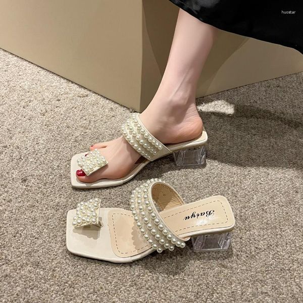 Sandalen Damenschuhe Sommer Super Tide String Bead Koreanischer Stil Dicker Absatz Mode Quadratischer Kopf High Heels