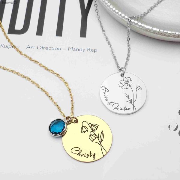 Mês do nascimento Colar de flores com birthstone Nome personalizado Nome do colar Disc Pingente da mãe Presente de aniversário L230704