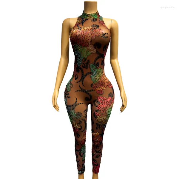 Bühnenkleidung Sexy Bunte Strasssteine Blumen Braun Transparent Overall Geburtstag Feiern Abend Kostüm Tanz Ärmelloser Bodysuit Caihua