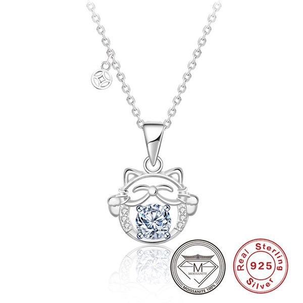100% настоящее серебро 925 пробы Lucky Cat кулон ожерелья с зубцом установка 0,5 карата муассанит бриллиант дизайнерское ювелирное ожерелье подарок