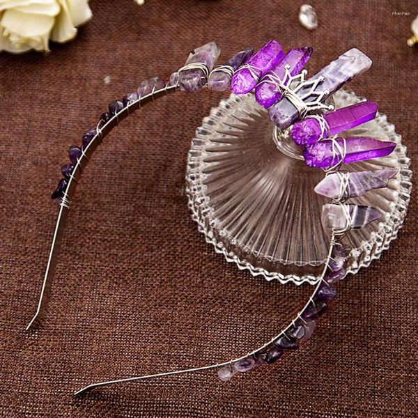 Fermagli per capelli Diadema di cristallo naturale Corona di luna per le donne Copricapo Accessori per mago Ghiaia di ametista Gioielli di moda di Halloween Regalo per feste