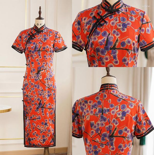 Этническая одежда Высококачественная Qiapo шелк осень осенний Cheongsam Традиционное китайское платье Усовершенствованные платья для вечеринок винтажные пуговицы цветочный принт