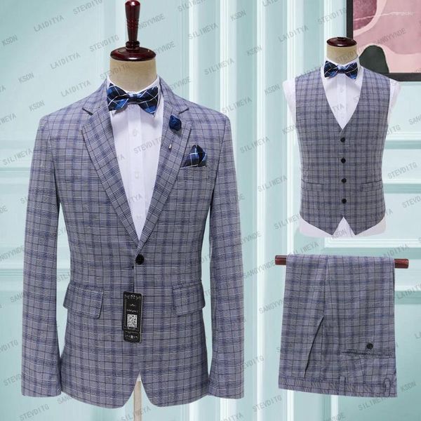 Erkek Suit 2023 Stil Moda Butik Kafes Resmi İş Erkekler Set Damat Gelinlik Ekose Takım 3pces (Ceket Pantolon Yelek)