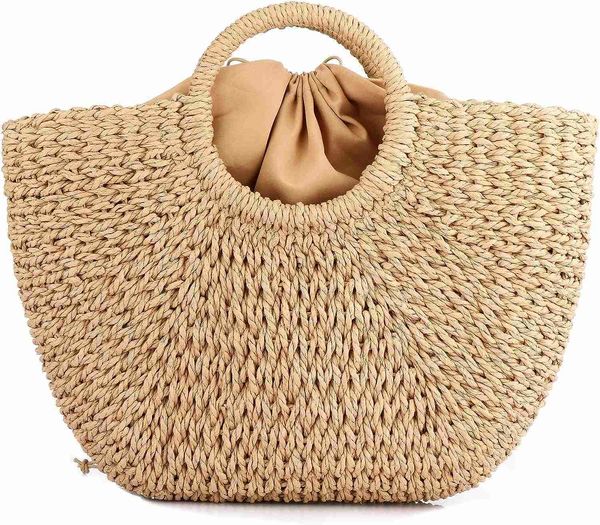 Borsa di paglia naturale Chic naturale ROUGE Borsa a mano tonda con manico rotondo Borsa da spiaggia estiva retrò Borsa da spiaggia HKD230807