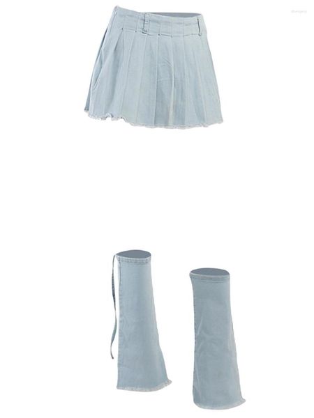 Saias Saia jeans feminina casual com cintura alta e design plissado para cobrir as pernas com amarração e aquecedores - Conjunto estiloso para