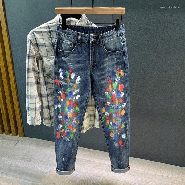 Мужские джинсы граффити мужская уличная одежда мода мода, расписанные на пленке Y2K, узкие брюки мужские брюки для джинсовой ткани с эластичными цветными цветами