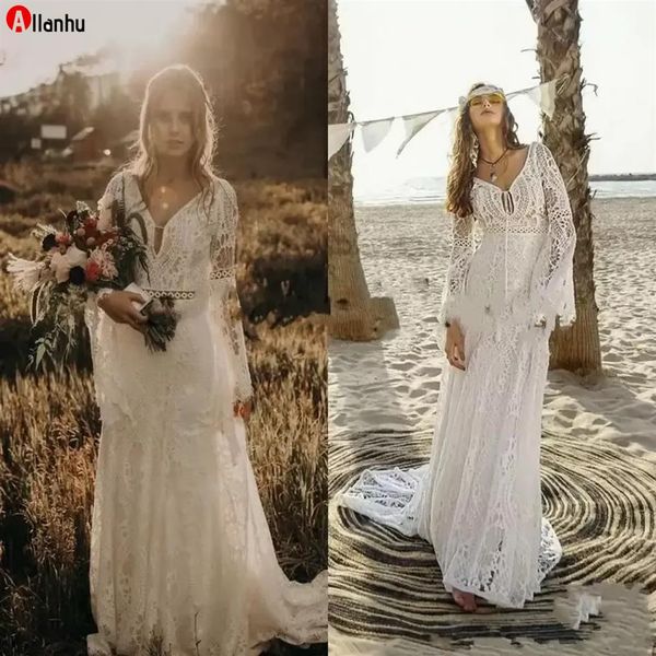Vestidos de noiva de renda de crochê vintage com manga comprida 2022 deco