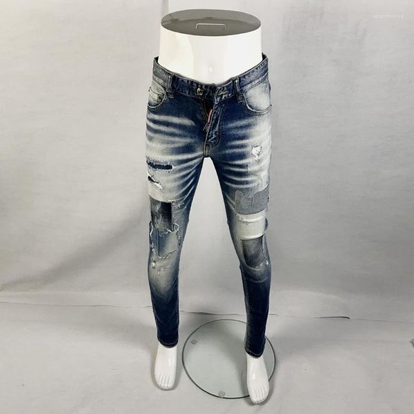 Jeans Masculino Moda Streetwear Masculino Retro Azul Elástico Ajuste Justo Rasgado Com Patch Bordado Designer Hip Hop Marca Calça Hombre