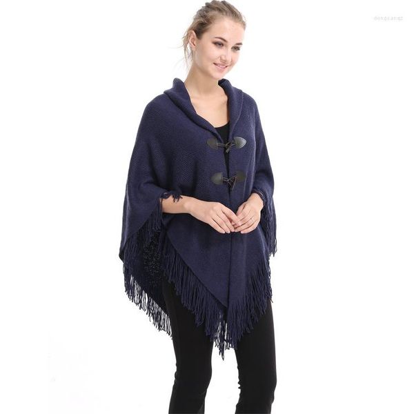 Sciarpe Moda Donna Poncho Nappa Donna Pashmina Bottoni in corno Scialli Sciarpa Poncho sciolto femminile Avvolgere Mantello di lana