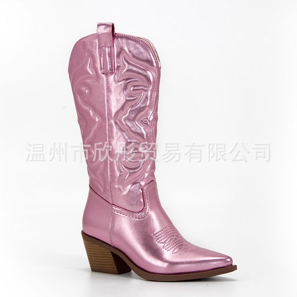 Mulher 105 Cowboy Pink Cowgirl para mulheres com zíper ocidental bordados de ponta do dedo do pé de calcanhar no meio do bezerro de outono Botas Trendy Shoes 230807 177