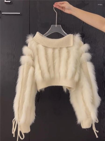 Kadın Sweaters Ünlü Kız Kış Moda Kürk Dikiş Kısa Sweater Uzun Kollu Yumuşak Kaşmir Palto Üst Gevşek Kayıp Örgü Külot
