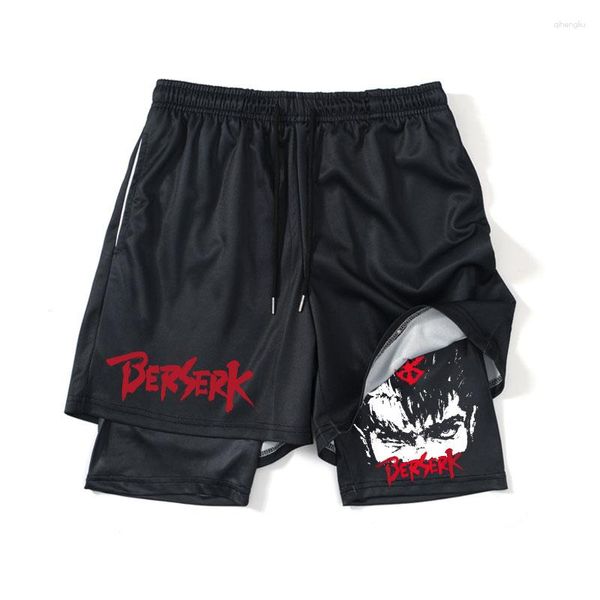 Shorts Masculino Anime Berserk Guts Men Running 2 Em 1 Mesh Secagem Rápida Workout Training Academia Fitness Jogging Calças Esportivas de Verão