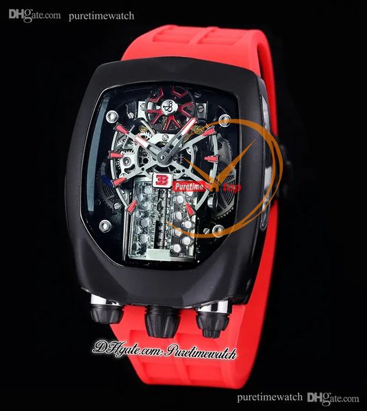 Bugatti Chiron Tourbillon Autoamtic Relógio Masculino PVD Caixa de Aço Preto Esqueleto Dial Borracha Vermelha Super Versão Herrenuhr Reloj Hombre Relógios BU200.21.AE.AB.A Puretime A1