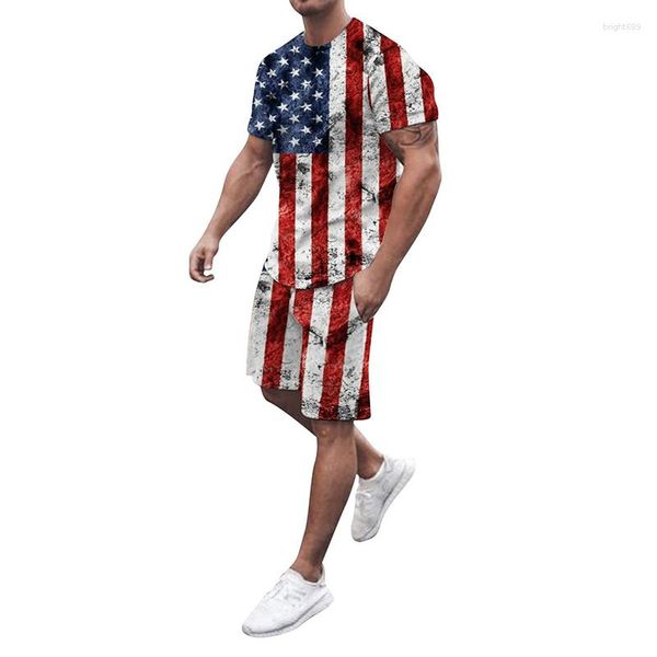 Agasalhos masculinos Conjuntos de camisetas com estampa 3D da bandeira americana dos EUA Camisetas de treino Shorts 2 peças Streetwear Masculino Ternos extragrandes Roupas esportivas