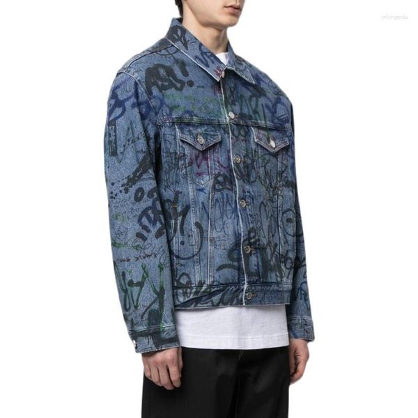 Jaquetas masculinas 23ss vtm jaqueta para homens y2k mulheres roupas denim streetwear pintado à mão estilo graffiti