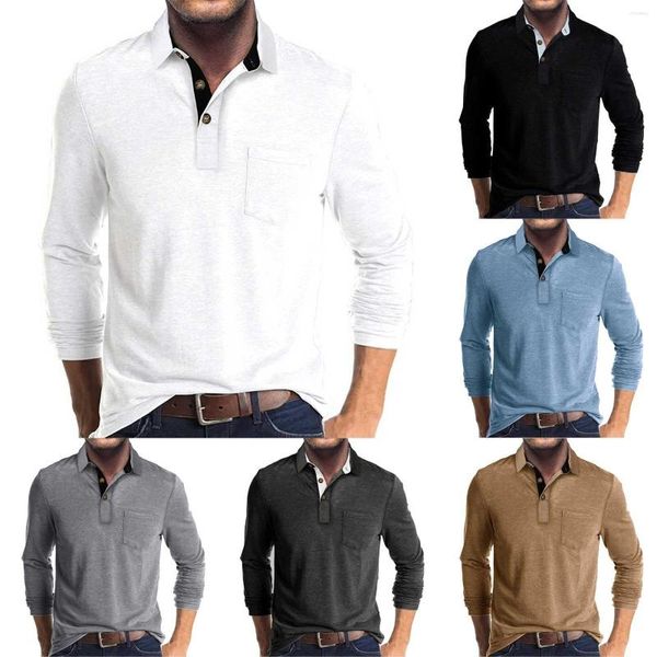 T-shirt da uomo Top oversize Uomo Autunno Moda Comodo Casual Manica lunga Flip Tie Pocket Plain Tee For