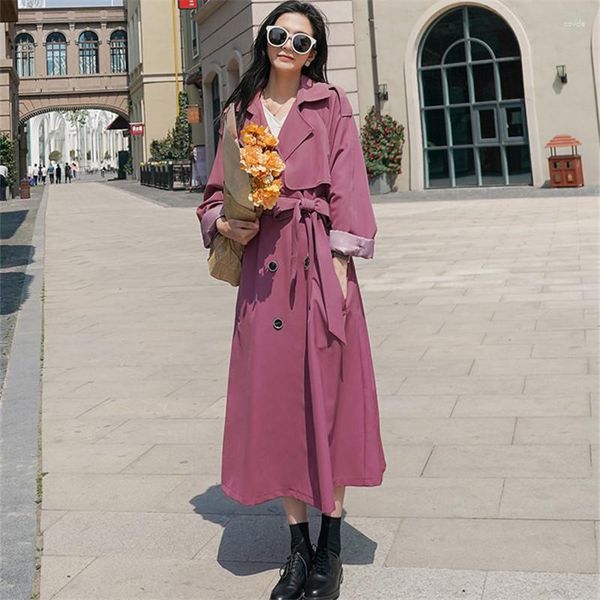 Trench Coats Feminino Estilo Francês Casaco Longo Para Mulheres Moda Elegante Duplo Seios Cinto Solto Casual Roxo Jaqueta Primavera Outono